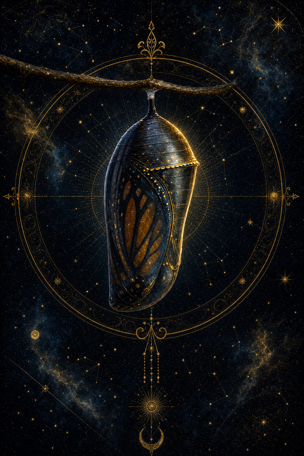 A single monarch chrysalis suspended in cosmic darkness, golden iridescent shimmer along its edge, surrounded by faint constellations