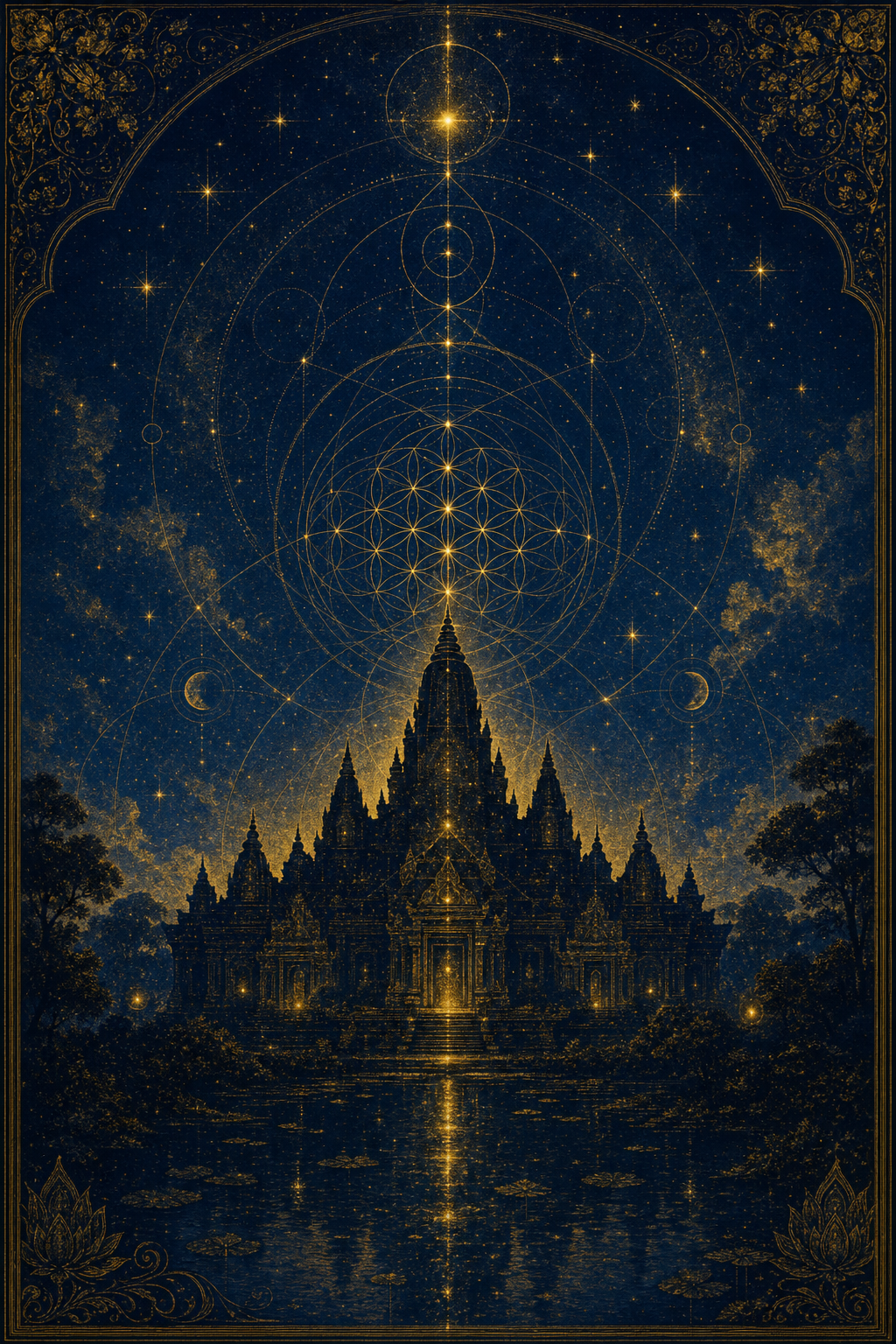 An ancient temple silhouette beneath a constellation-filled sky, rendered in gold leaf on deep midnight indigo